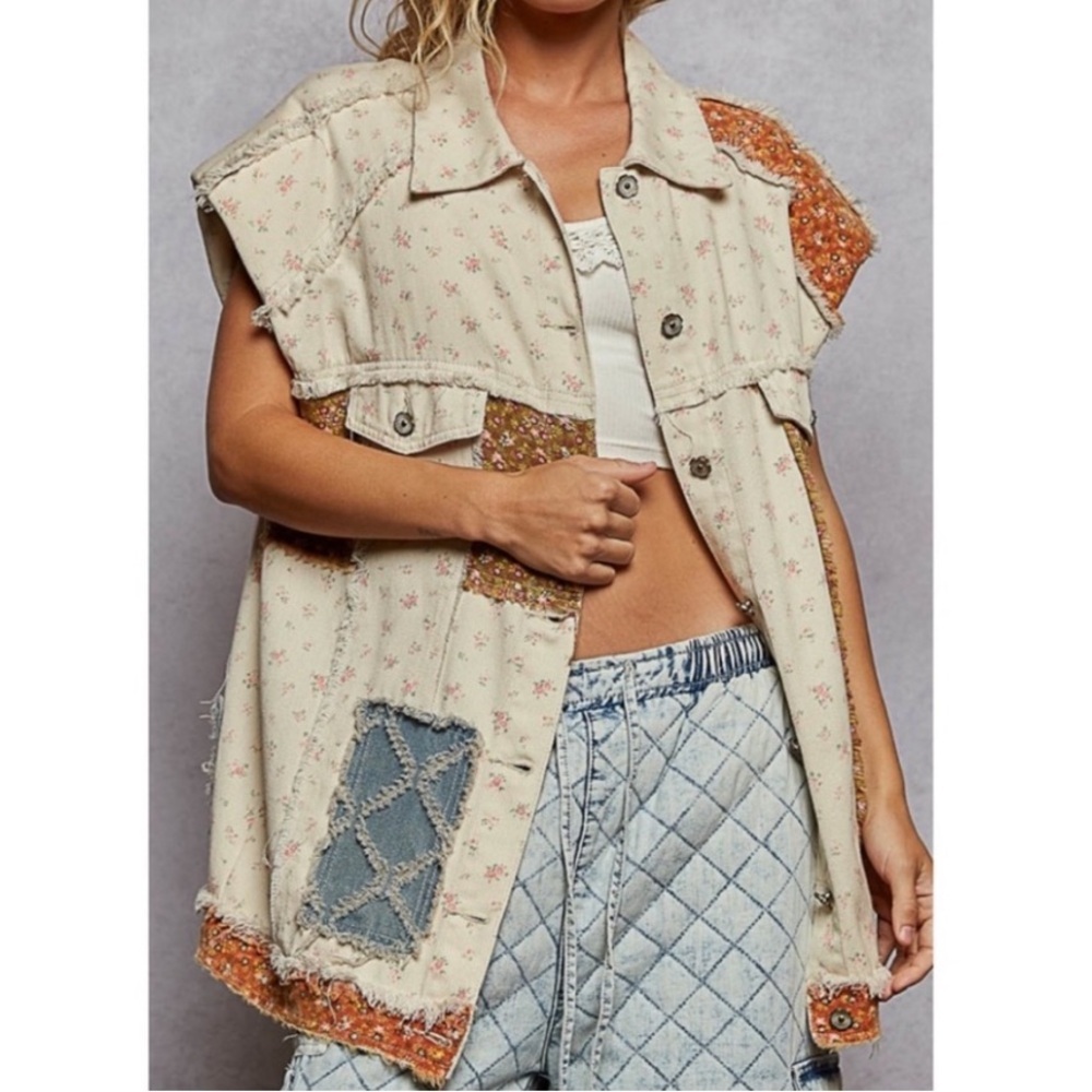 POL Floral Patchwork Denim Vest